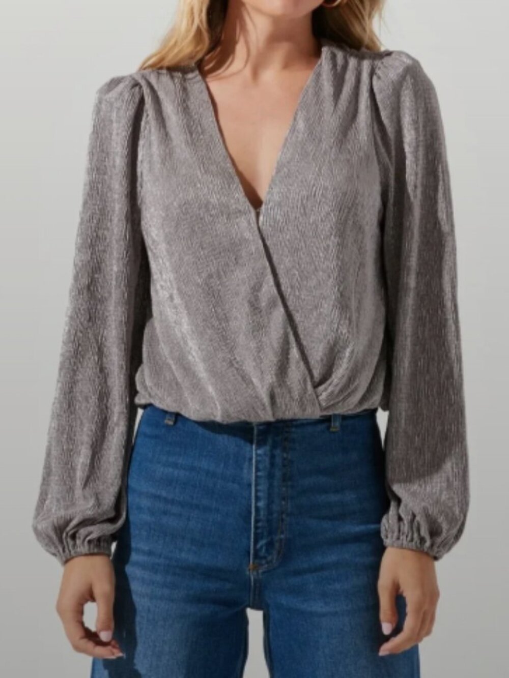 ASTR The Label Metallic Wrap Blouse Balloon Sleeve Shimmer Top L